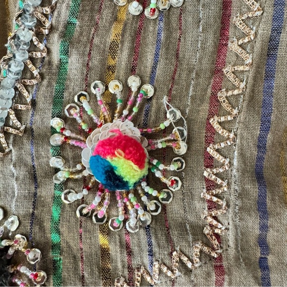 Manoush US 8 Sheer Maxi Kaftan Dress Embroidered Striped PomPoms Sequins - Picture 13 of 13